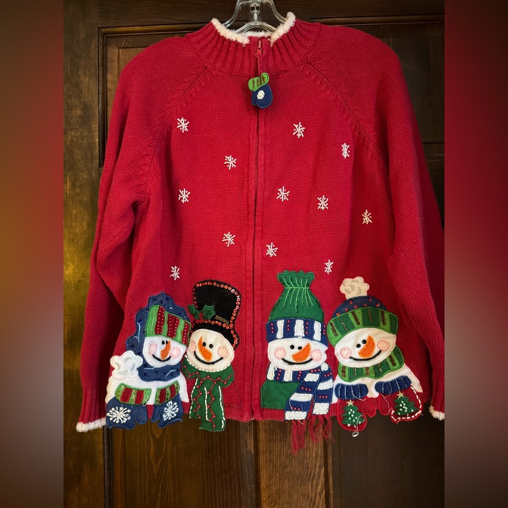 Vintage Heirloom Collectibles Zip Up Sweater Snowman Christmas Holiday Size L